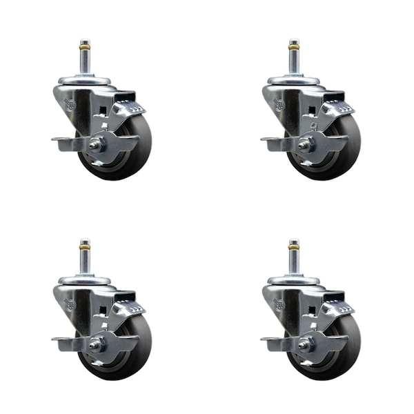 Service Caster 3'' Thermo Rubber Swivel 7/16'' Grip Ring Stem Caster Set with Brake, 4PK SCC-GR20S314-TPRB-TLB-716138-4 - main